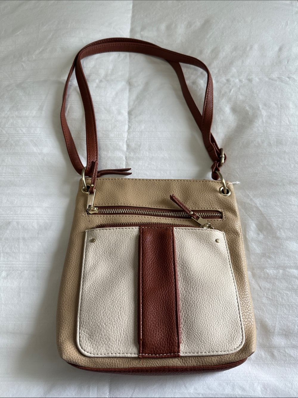 Beige and Brown Two-Tone Crossbody Shoulder Bag